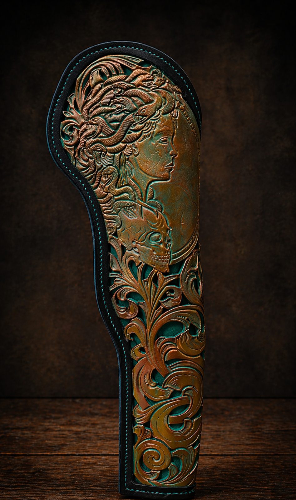 Colt Navy 1851 Medusa pouzdro s ruční řezbou, filigrí a oceánově modrou podložkou Heitmar Leather